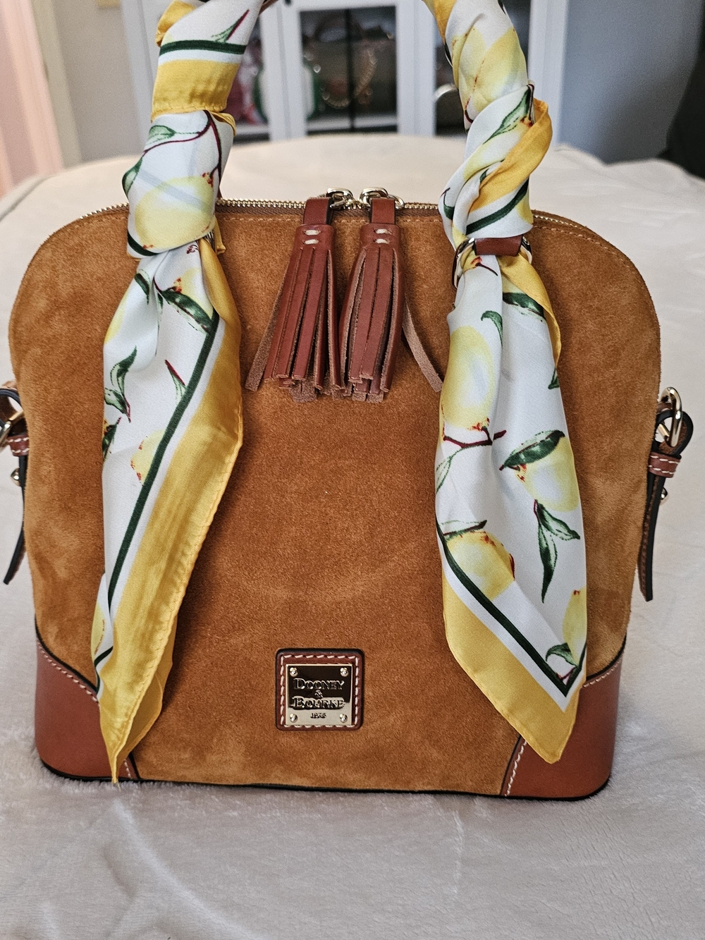 Dooney & Bourke Suede Satchel in Cognac with Lemon-Print Scarf
